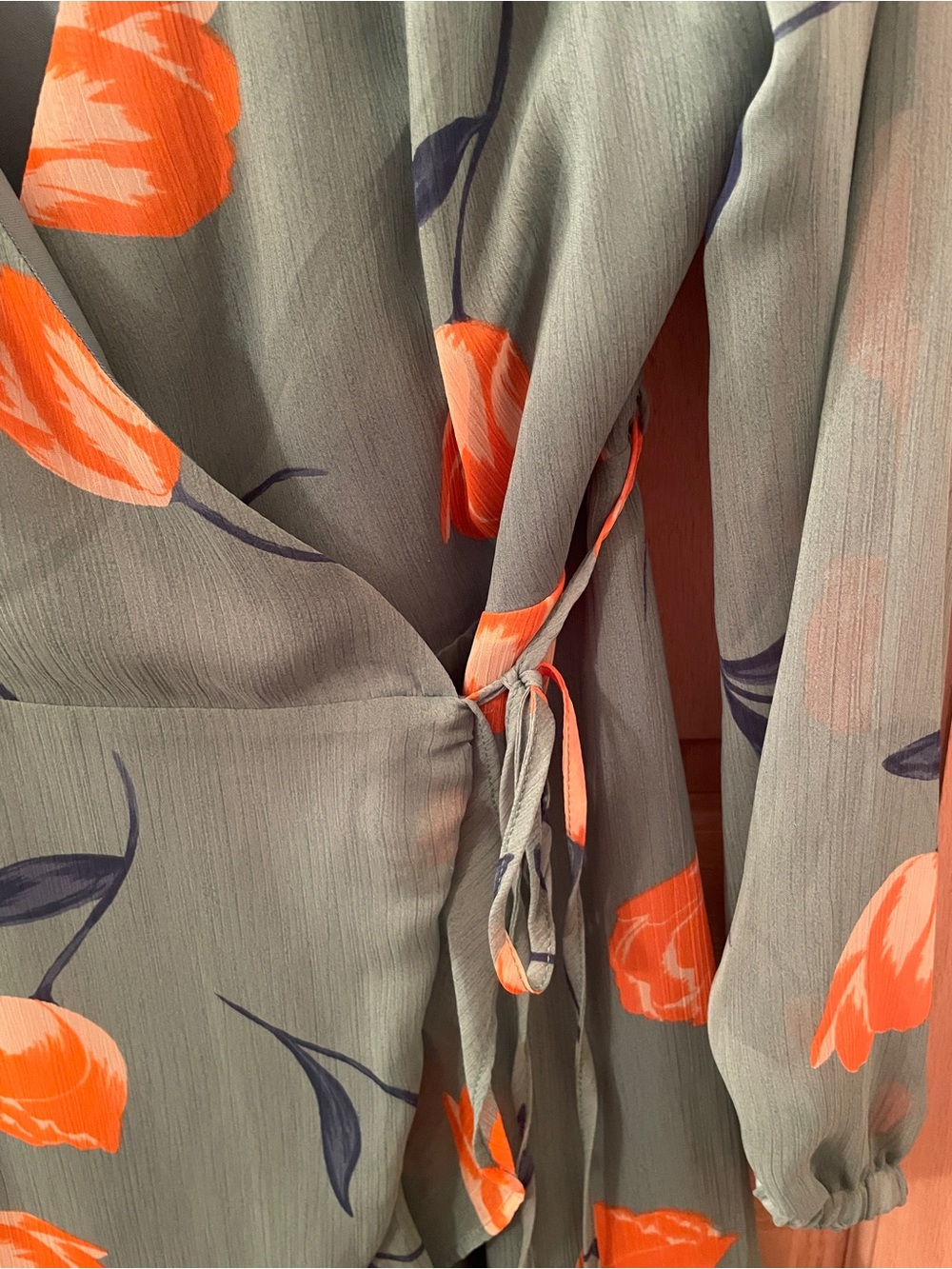 All in Favor Sage Green Wrap Dress with Orange Floral Print - Picture 3 of 10